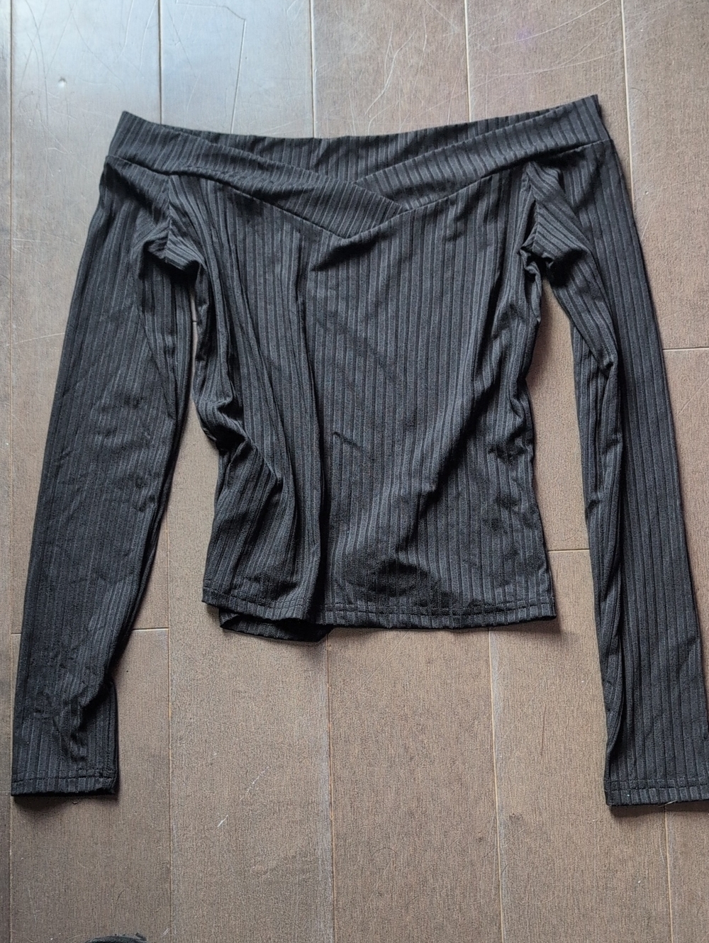 Black Ribbed Off-Shoulder Long Sleeve Top - Women's, Teens